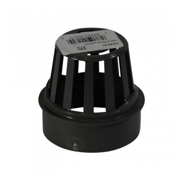 Top-down view of NDS 270 2-inch gray Atrium Grate showing domed PVC lattice, 1/4-inch openings, and 2" outlet for landscape drainage systems (detailed view).