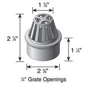 Angled view of NDS 270 2-inch gray Atrium Grate highlighting domed profile, durable PVC construction, and fitment for 2" Schedule 40 drain fittings (installation view).