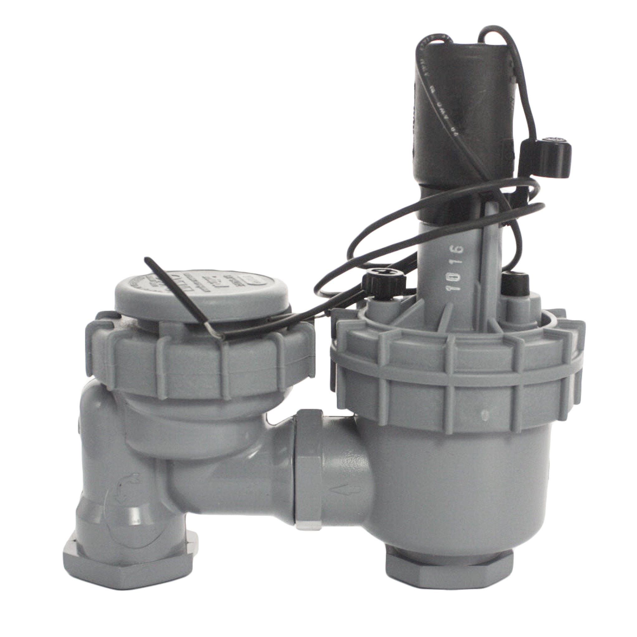 Front-angle view of Irritrol 2711DPR 3/4-inch electric anti-siphon valve showing threaded jar-top bonnet, flow-control knob and solenoid assembly.