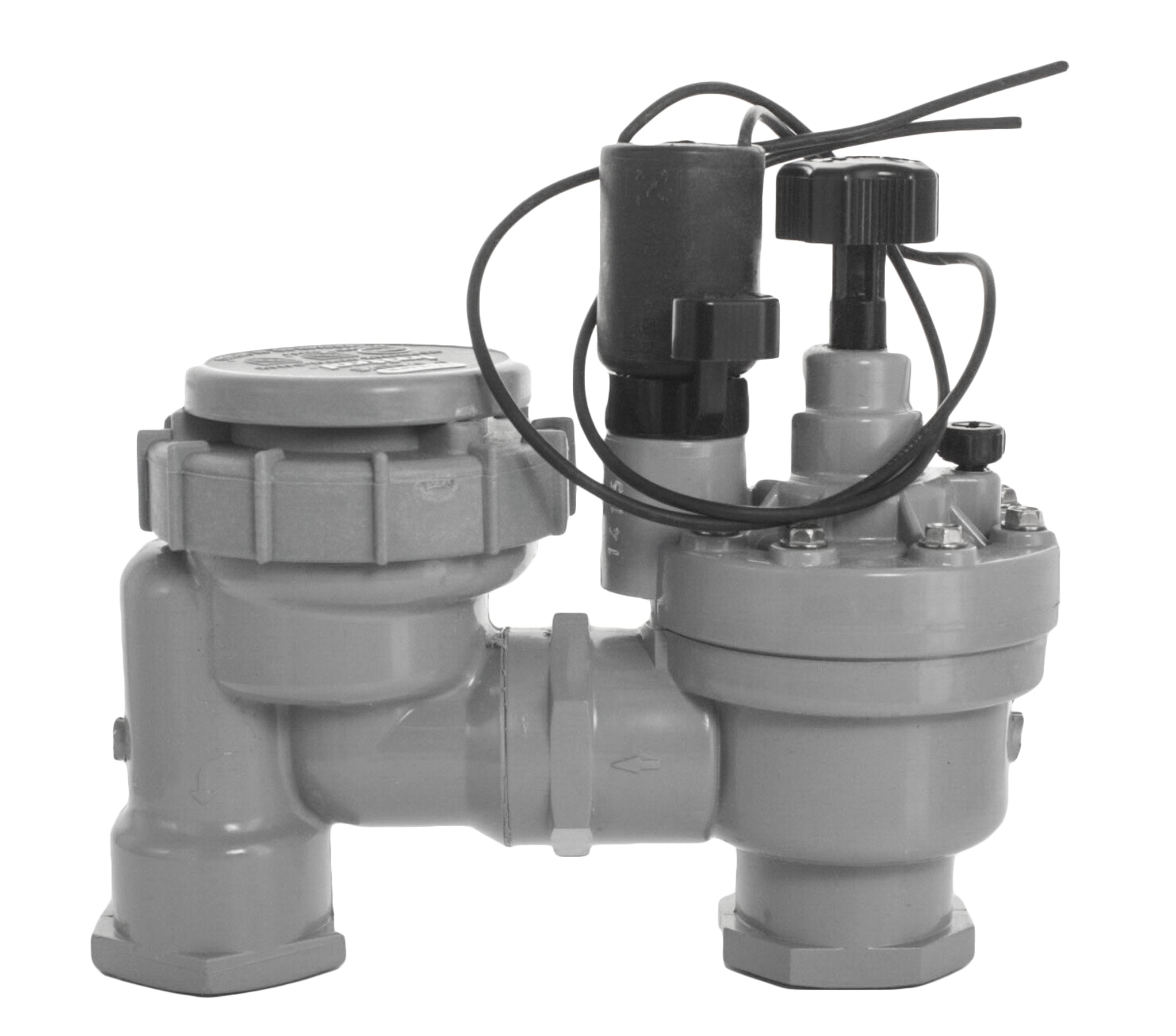 Front view of Irritrol 2713APR 1-inch electric anti-siphon valve showing stainless screw bonnet and the flow-control adjustment knob for service access.