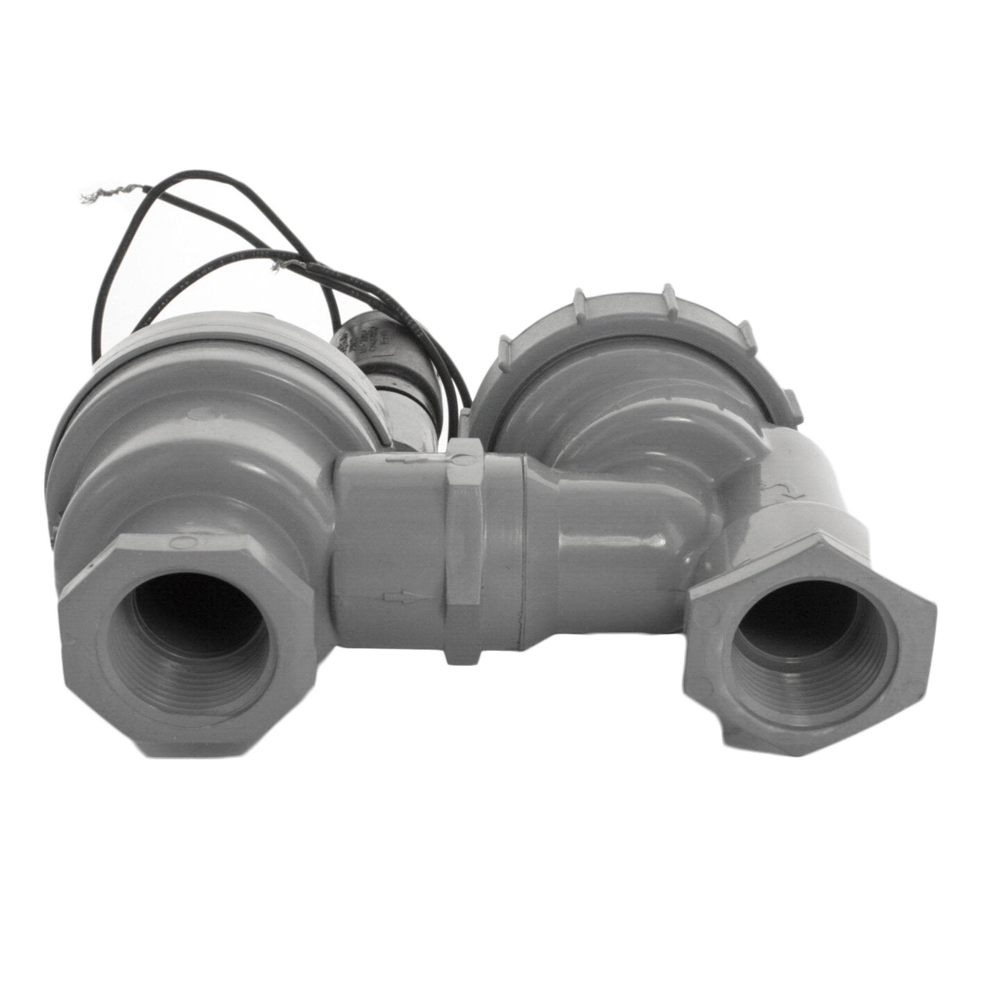 Detail view of the 2713APR outlet and diaphragm housing illustrating the rugged PVC construction and protected SANTOPRENE diaphragm area for leak resistance.