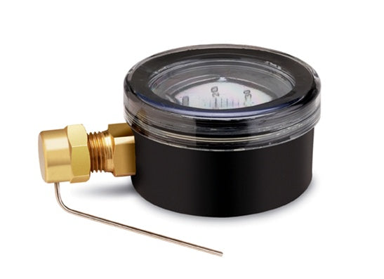 Close view of Hunter 280100 rotor pitot gauge and tube assembly on white background, showing gauge face, pitot tube, and threaded connection fitting.