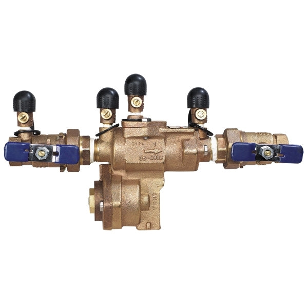 Front-angle photo of Febco 2813FEB 860U 1" Reduced Pressure Zone assembly, bronze body with union ball valves and visible test cocks for service.