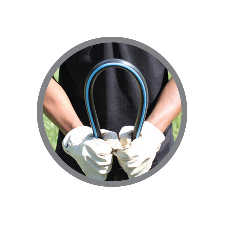 Angled product shot of 100 ft Irritrol Blue Flex swing pipe highlighting coil packaging and tubing diameter for visual sizing.