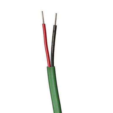 Coiled green 14 AWG Paige Electric Maxi 2‑wire decoder cable showing HDPE outer jacket and two insulated conductors, ready for direct‑burial irrigation use.