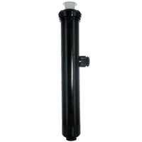 Front view of Toro 300-12-00 multi-stream rotor, 12-inch high-pop sprinkler head; black body, white pop-up stem and 3/4" side inlet visible.