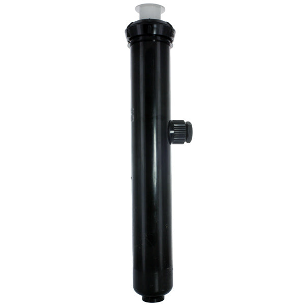 Front view of Toro 300-12-00 multi-stream rotor, 12-inch high-pop sprinkler head; black body, white pop-up stem and 3/4" side inlet visible.