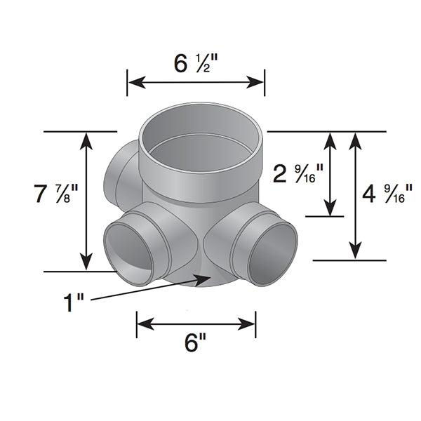 Side and top views of black NDS Spee-D 6in catch basin with removable grate and three configurable 3"/4" outlet knockouts for pipe connections.