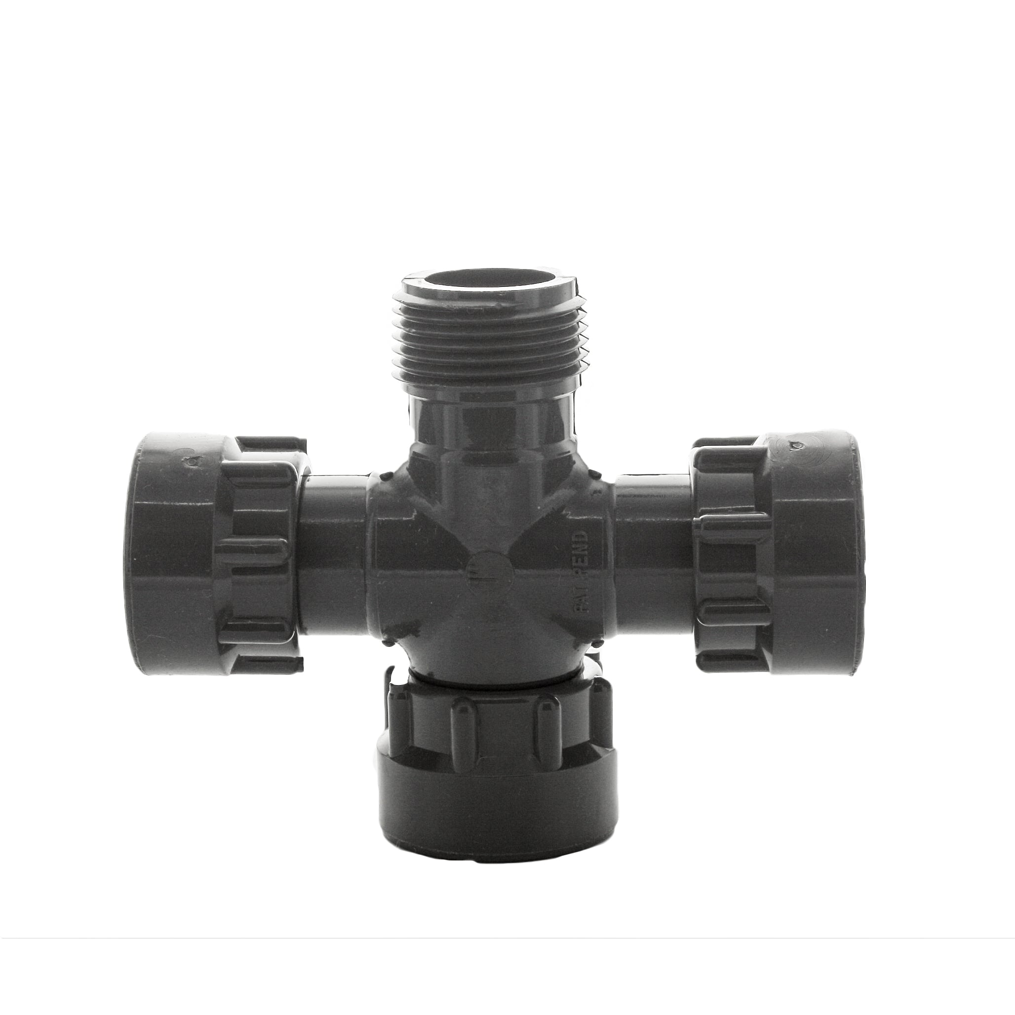 DURA 320-010 O-Ring Cross 1-inch Schedule 40 gray PVC manifold fitting, front view showing swivel and MIPT ports and molded O-ring seals.