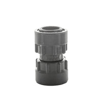 Angled view of DURA 329-010 coupling showing swivel connection, gray Sch 40 PVC body and O-ring sealing surface for manifold installations.