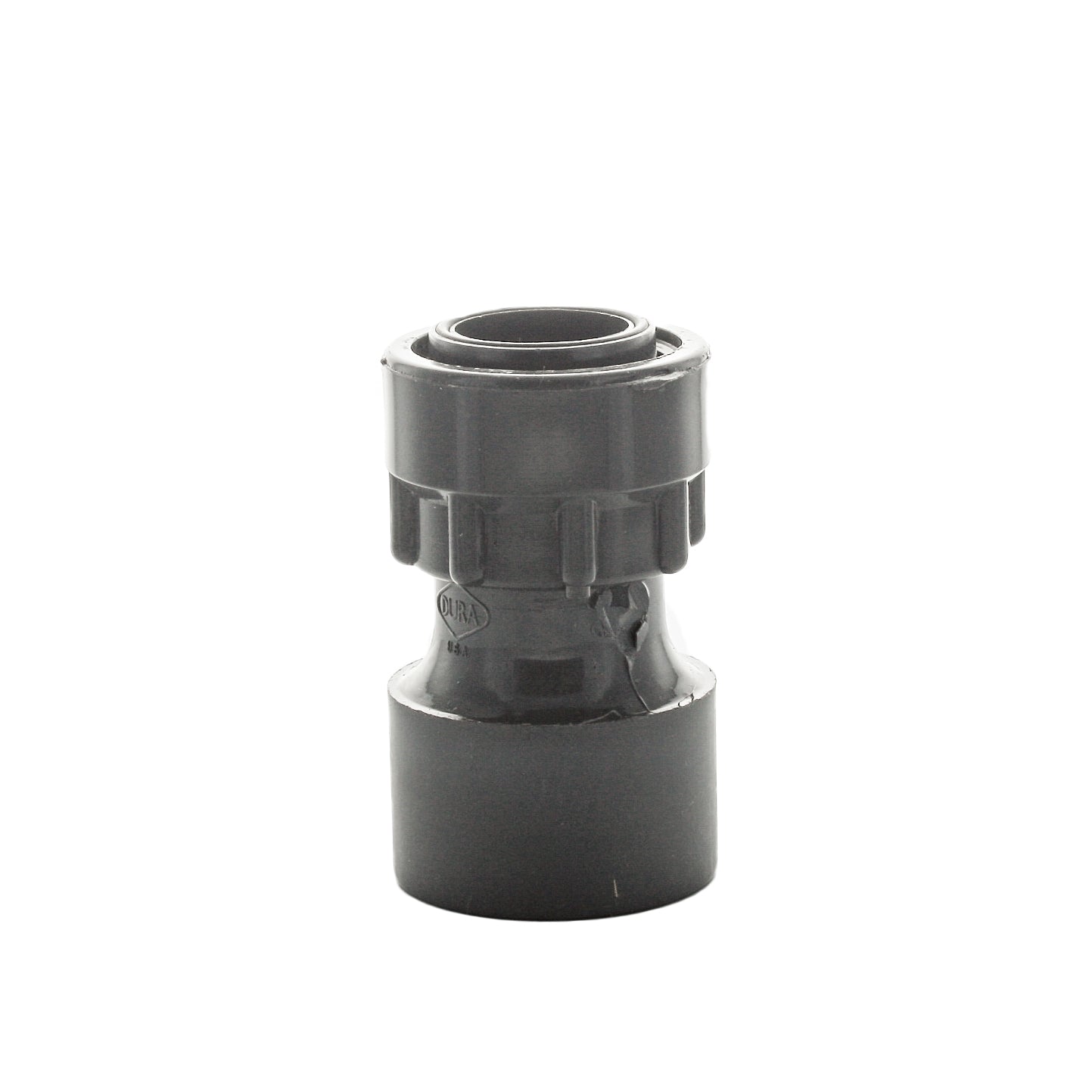 Front view of Dura 329-011 1-inch gray Schedule 40 PVC O-ring coupling with swivel nut and slip spigot, showing connection ends clearly.