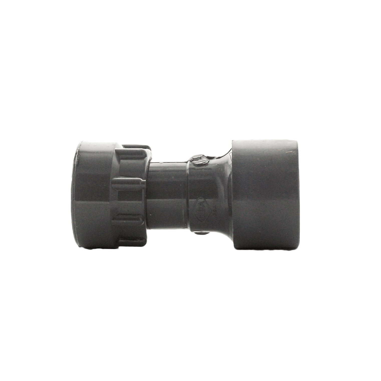 Side angle of Dura 329-011 1-inch PVC O-ring coupling highlighting the O-ring housing and swivel nut threading detail for manifold installation.