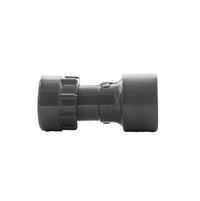 Side angle of Dura 329-011 1-inch PVC O-ring coupling highlighting the O-ring housing and swivel nut threading detail for manifold installation.