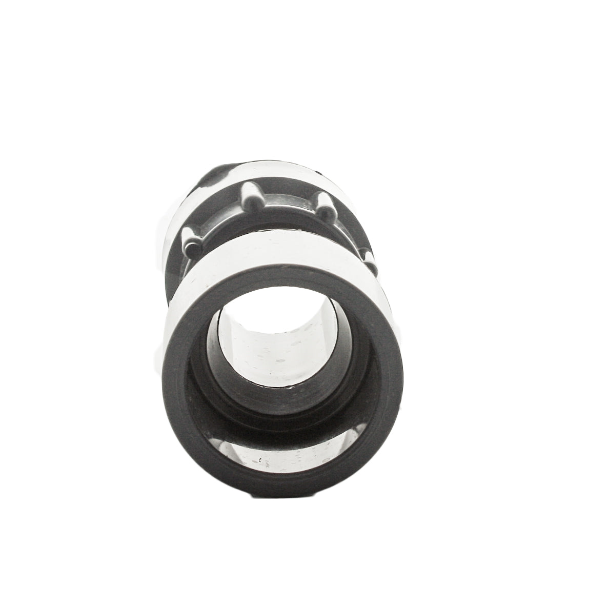 Close-up of Dura 329-011 coupling showing gray Schedule 40 PVC body, slip spigot and swivel nut, suitable for 1-inch irrigation pipe.