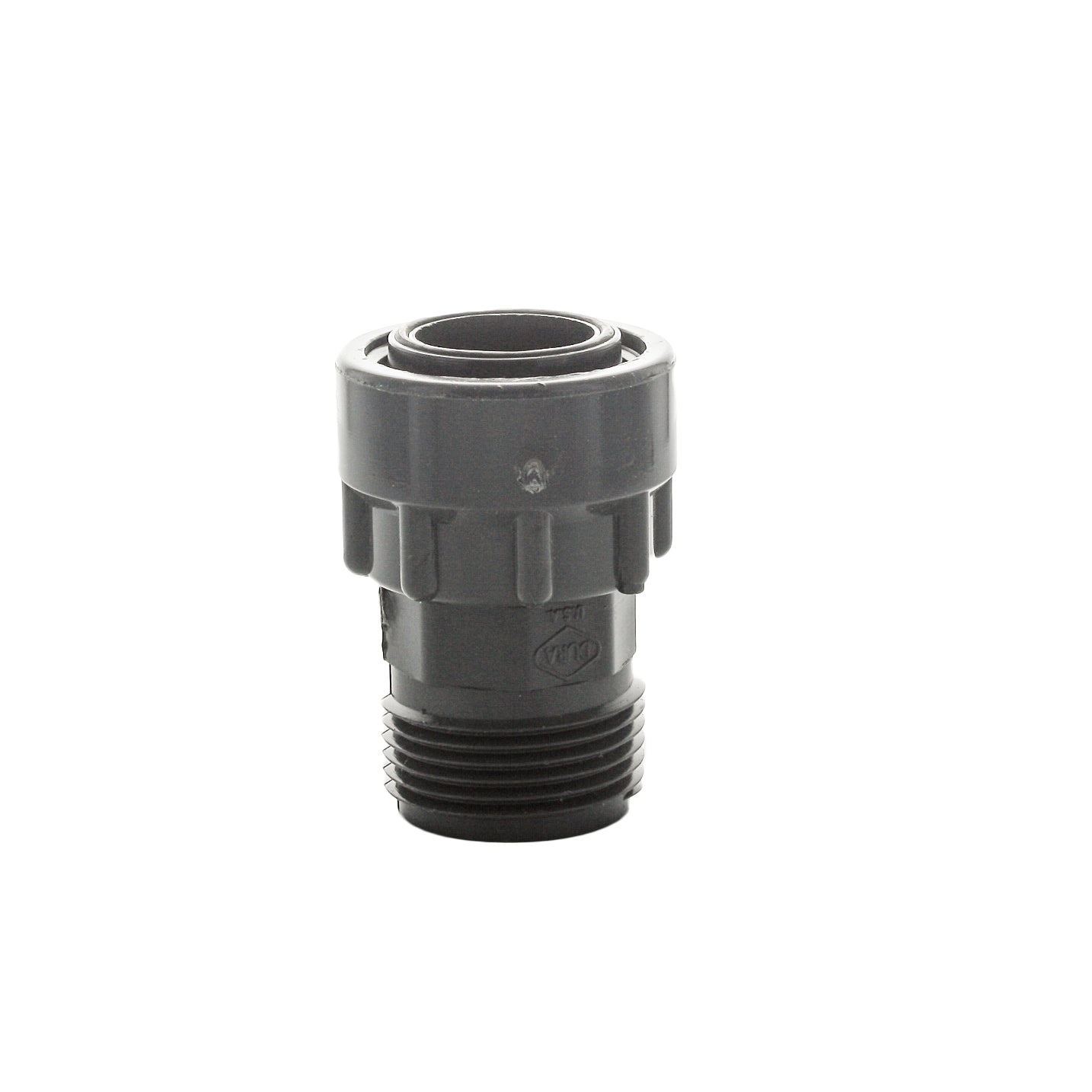 Front view of DURA 334-010 1 in. swivel x 1 in. MIPT Schedule 40 gray PVC fitting on a white background, showing threaded end and swivel body.