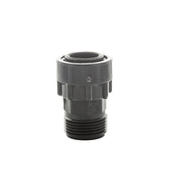 Front view of DURA 334-010 1 in. swivel x 1 in. MIPT Schedule 40 gray PVC fitting on a white background, showing threaded end and swivel body.