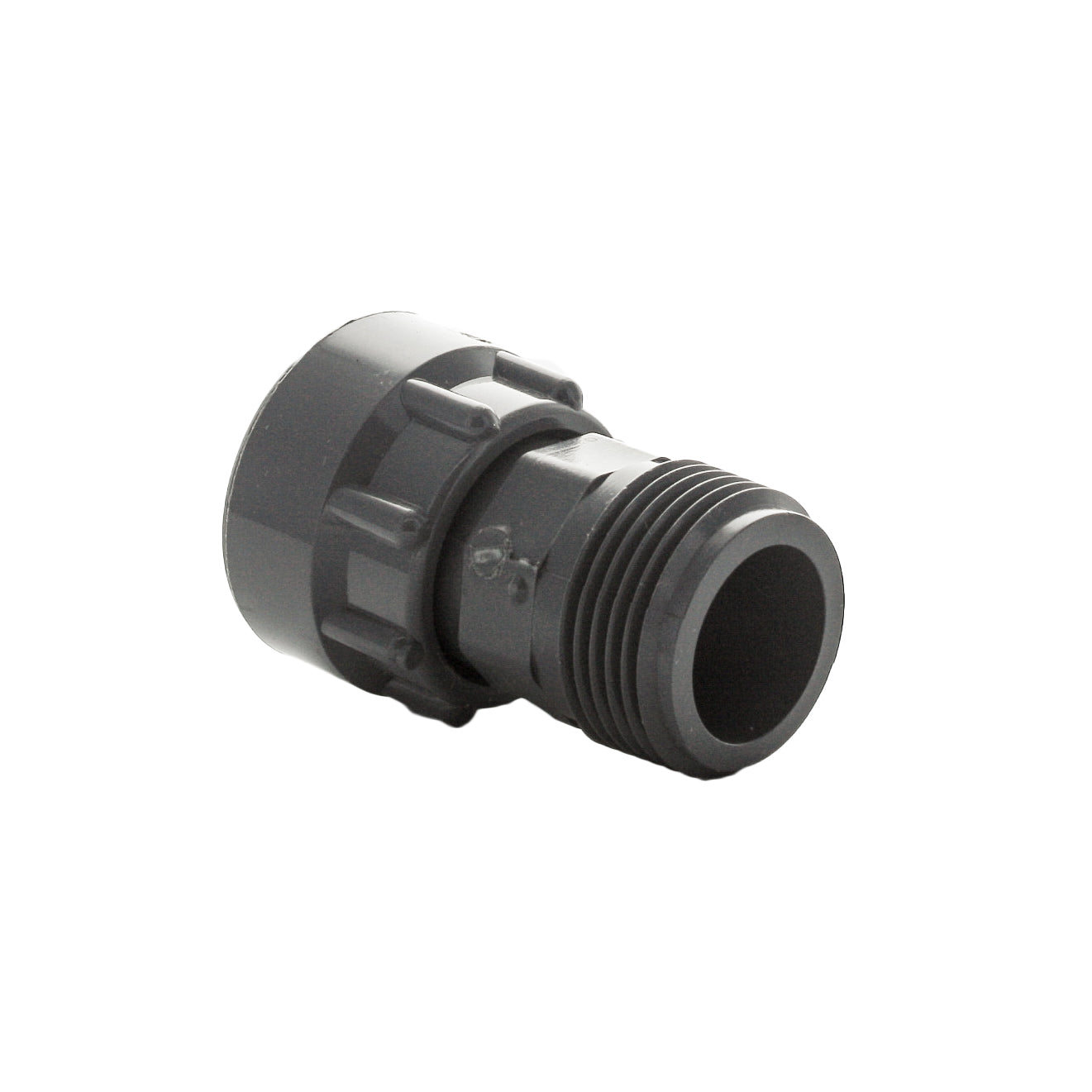 Close-up of the DURA 334-010 Schedule 40 gray PVC fitting, showing molded dimensions and thread profile for the 1 in. MIPT.