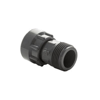 Close-up of the DURA 334-010 Schedule 40 gray PVC fitting, showing molded dimensions and thread profile for the 1 in. MIPT.
