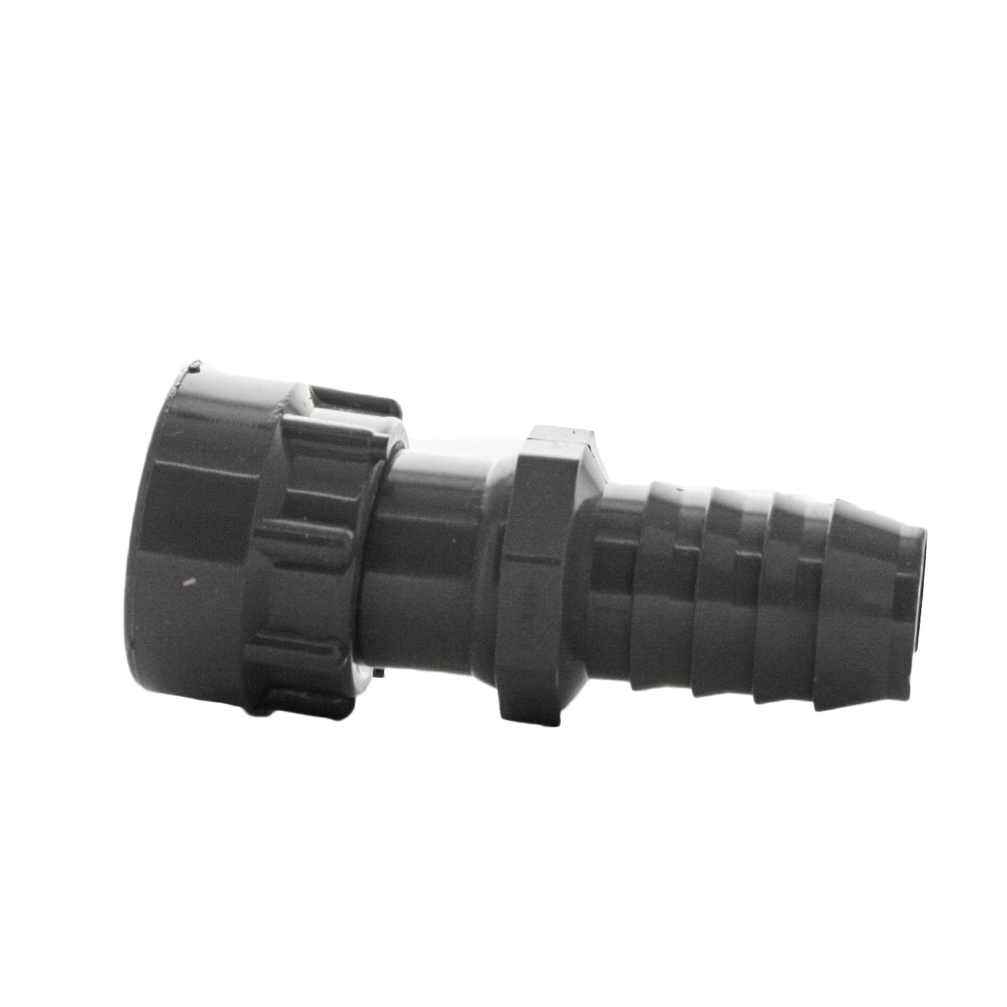 Front-facing image of DURA 335-010 1" swivel x insert manifold adapter in gray Schedule 40 PVC, detailing O-ring housing area.