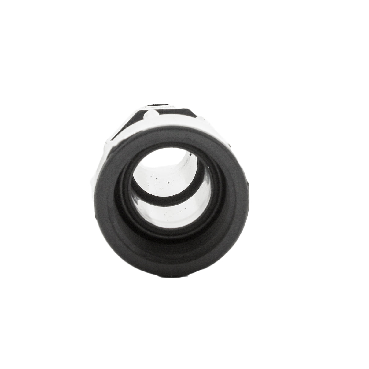 Close-up of 1" insert barb and swivel threads on DURA 335-010 PVC adapter, emphasizing connection points and molded finish.