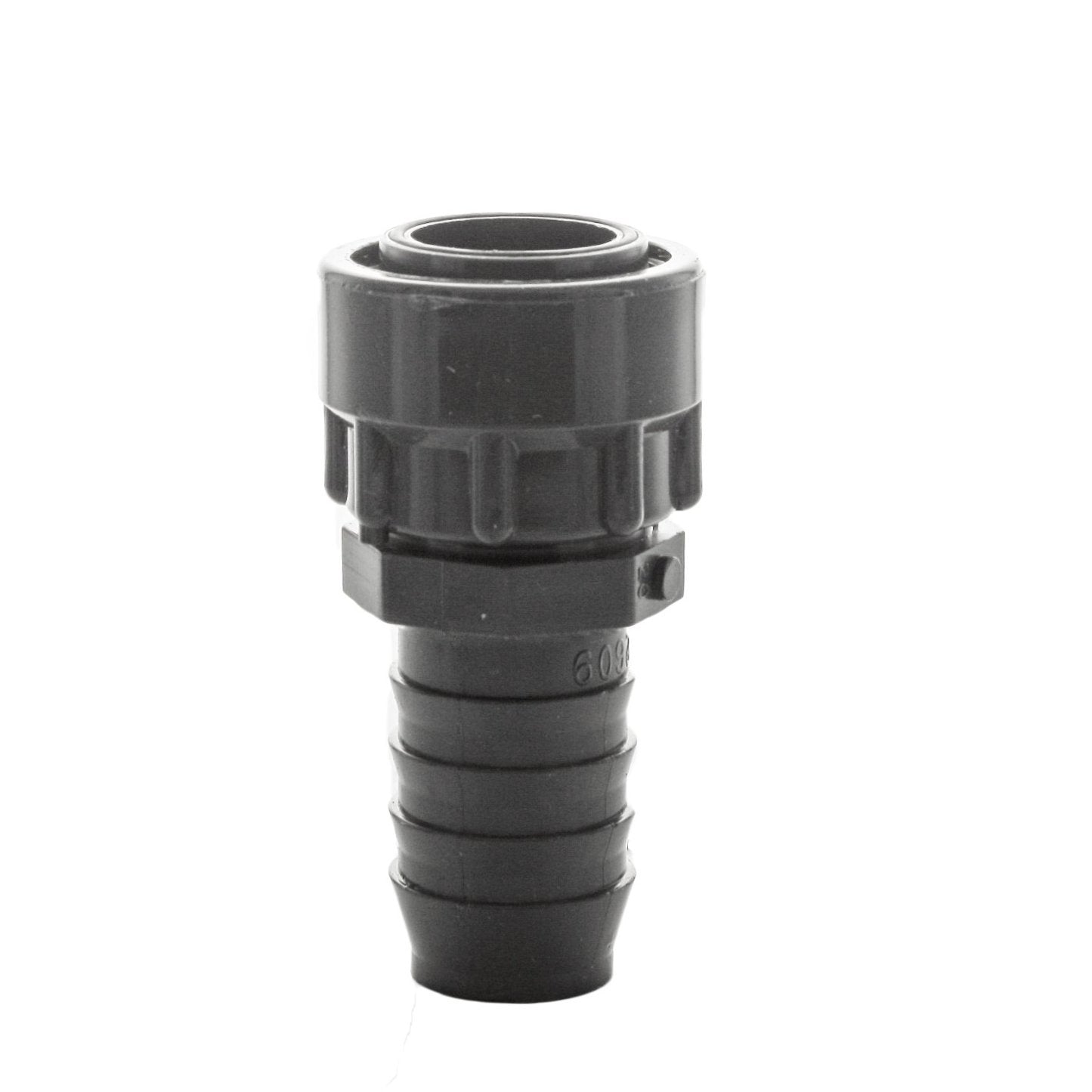 Angled view of DURA 335-010 gray PVC swivel x insert adapter showing 1" insert barb and female swivel connection, Schedule 40 finish.