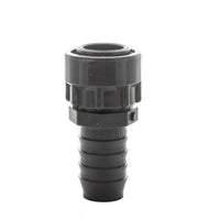 Angled view of DURA 335-010 gray PVC swivel x insert adapter showing 1" insert barb and female swivel connection, Schedule 40 finish.