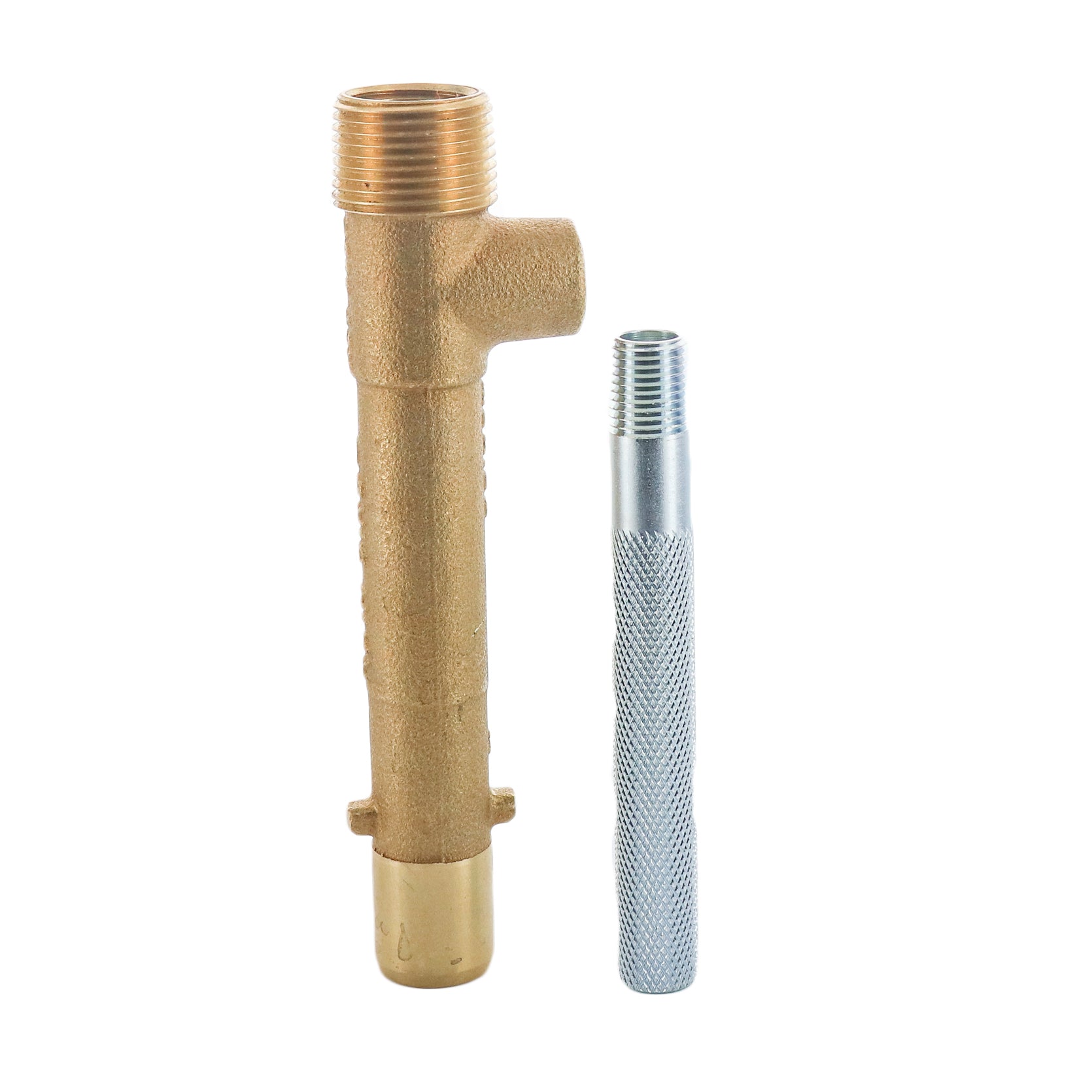Rain Bird 33DK 3/4-inch quick-coupling valve key on white background, showing male and female threaded ends and red-brass finish.