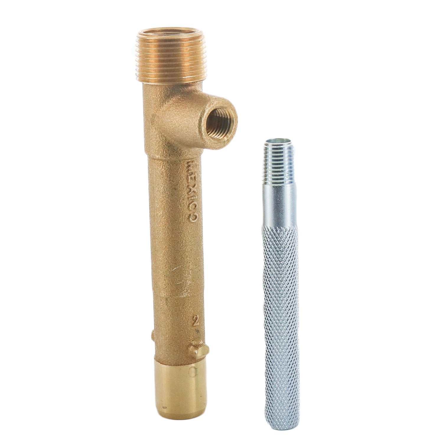 Close-up of Rain Bird 33DK valve key threads and hex gripping area, highlighting machined red-brass finish and durable construction.