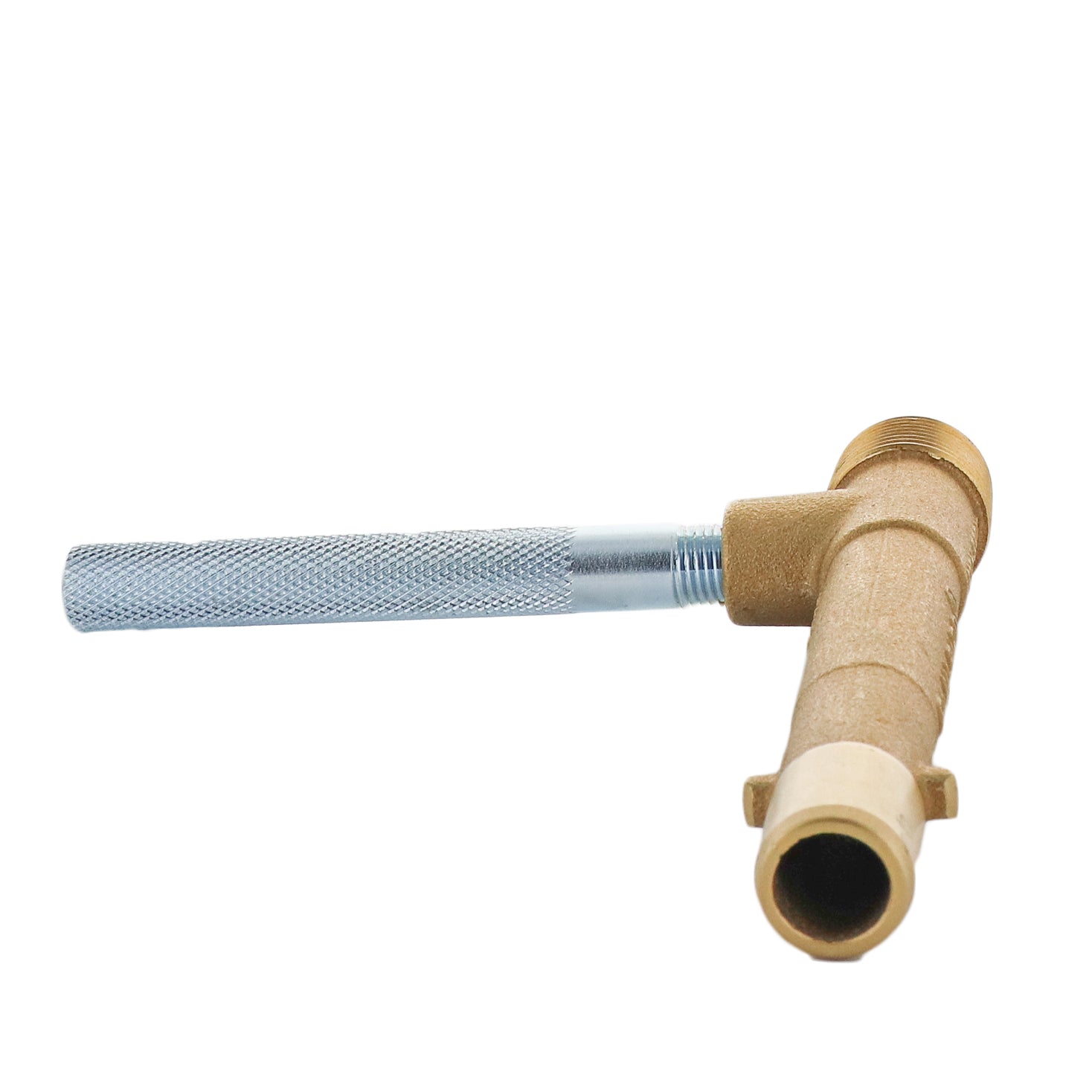 Rain Bird 33DK valve key next to a hose fitting, illustrating MNPT x FNPT threaded connections and robust red-brass construction.