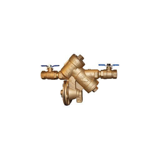 Front-angle photo of Zurn Wilkins 975XLU 3/4" reduced pressure backflow preventer, bronze body with union ball valves and shutoff handles.