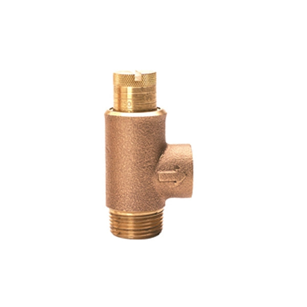 Wilkins 34-P1500XL 3/4-inch lead-free pressure relief valve, bronze body; front view on white background showing ports.