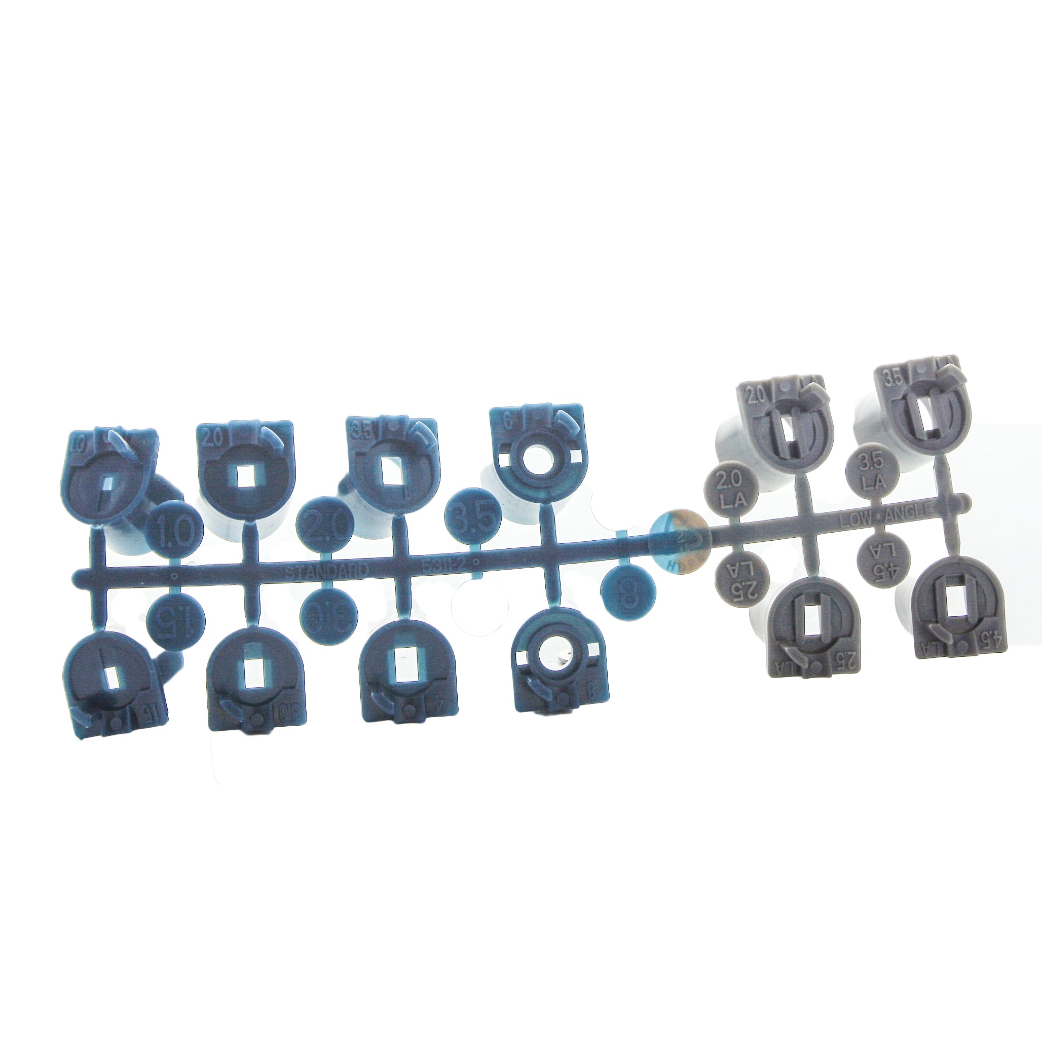 Hunter I-20 nozzle rack (P/N 356605SP) showing blue standard and gray low-angle nozzles on a plastic organizer rack, top-down view.