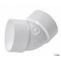 Front and angled view of NDS 3P03 3-inch white PVC 45-degree Hub x Hub elbow for sewer and drainage, showing solvent-weld hub ends and overall shape.