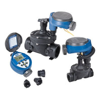 DIG 400A battery-operated controller with retractable two-wire solenoid and three valve adapters, shown assembled.