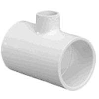 White Lasco PVC slip reducing tee (2" x 2" x 1") shown at an angle, socket connections visible, Schedule 40 fitting for irrigation and plumbing.