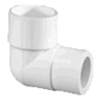 White Schedule 40 PVC 90-degree reducing elbow, 3/4 inch to 1/2 inch, socket x socket connection, part 406-101, front view
