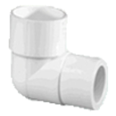 White Schedule 40 PVC 90-degree reducing elbow, 1 inch x 3/4 inch, socket x socket slip-fit fitting, compact for irrigation and plumbing.