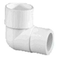 White PVC Schedule 40 90° reducing elbow, slip x slip sockets, connects 1-1/4" to 1" pipe, model 406-168, product photo on white background.