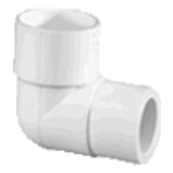 White PVC Schedule 40 90° reducing elbow, slip x slip sockets, connects 1-1/4" to 1" pipe, model 406-168, product photo on white background.
