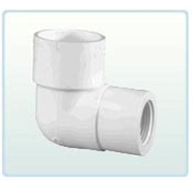 White Schedule 40 PVC 2" x 1" 90-degree reducing elbow showing socket (2") and female pipe thread (1") connections for plumbing.