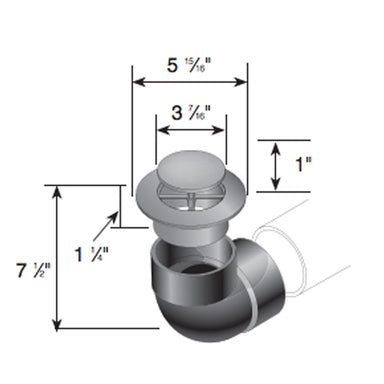 Angled view of NDS 421 4" pop-up emitter with elbow, showing weep hole and soil-tight 4" pipe connection.