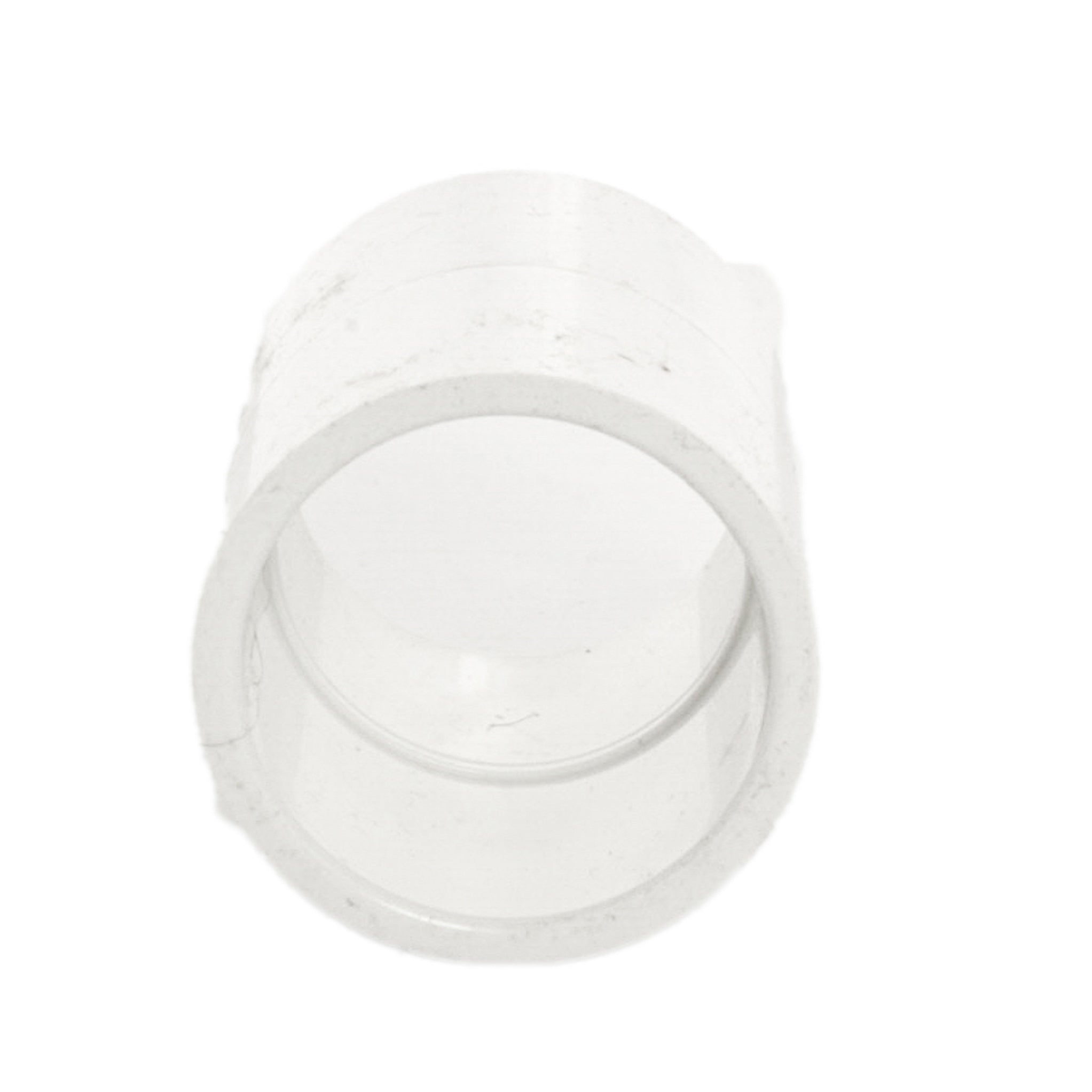 Close-up of white PVC coupling (429-012) showing injection-molded finish and dimensional details for Schedule 40 pipe.