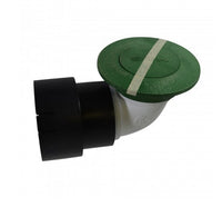 Top view of NDS 430 pop-up drainage emitter kit in green, showing raised cap, flat flange, elbow, and adapter for 3 and 4 inch pipes.