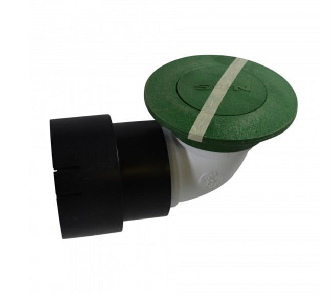Top view of NDS 430 pop-up drainage emitter kit in green, showing raised cap, flat flange, elbow, and adapter for 3 and 4 inch pipes.