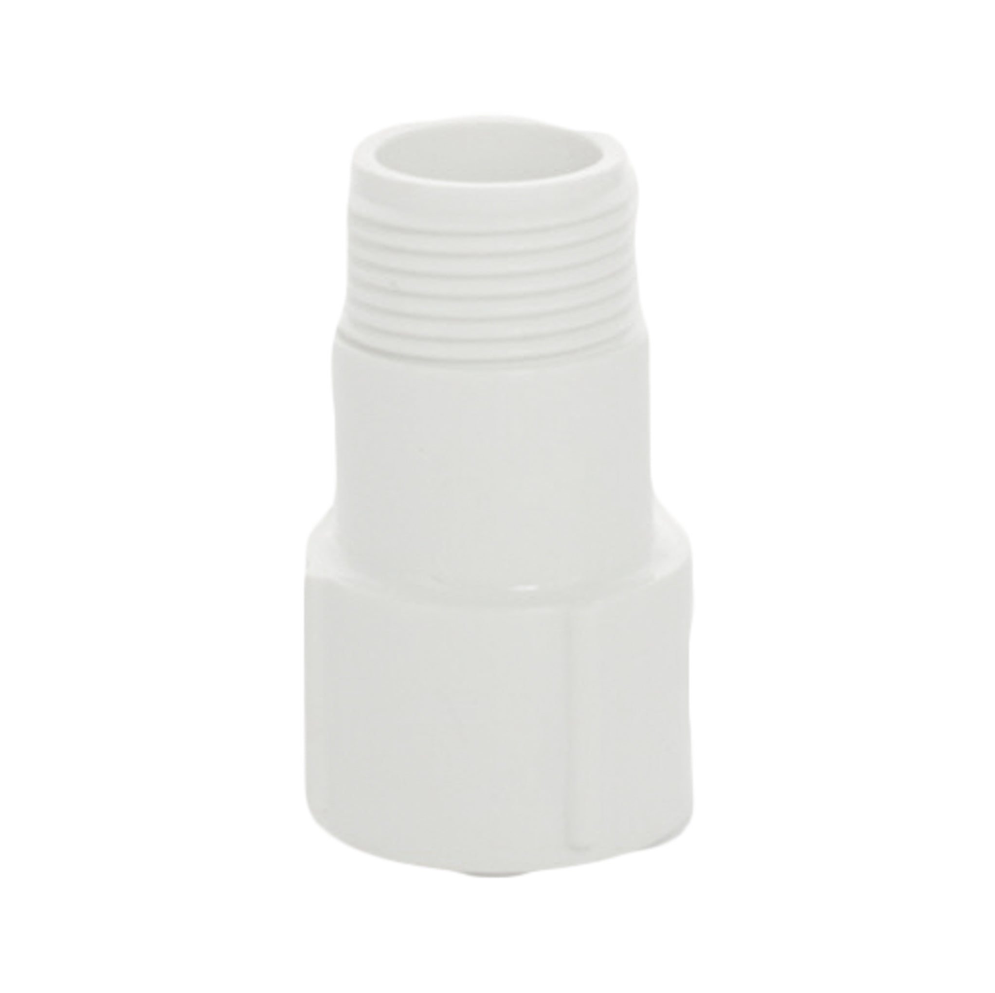 Front view of poly riser extender 3/4" x 2-5/16" displaying threaded male and female ends, clear detail of thread profiles.