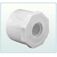 White Schedule 40 PVC reducer bushing showing 2" spigot and 1-1/4" female thread, flush style, part 438-250.