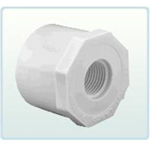 White Schedule 40 PVC reducer bushing showing 2" spigot and 1-1/4" female thread, flush style, part 438-250.