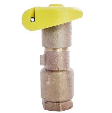 Close-up of Rain Bird 44LRC 1" locking quick-coupling valve with red-brass two-piece body and rubber locking cover.