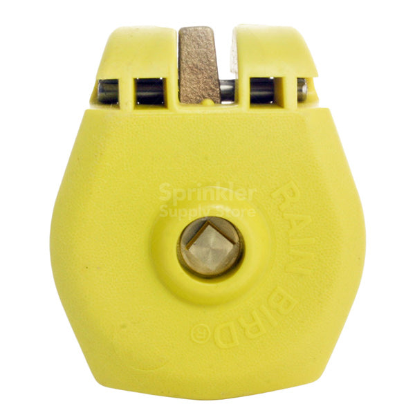 Angled view of Rain Bird 44LRC 1" quick-coupler showing the rubber locking cover and durable red-brass valve body.