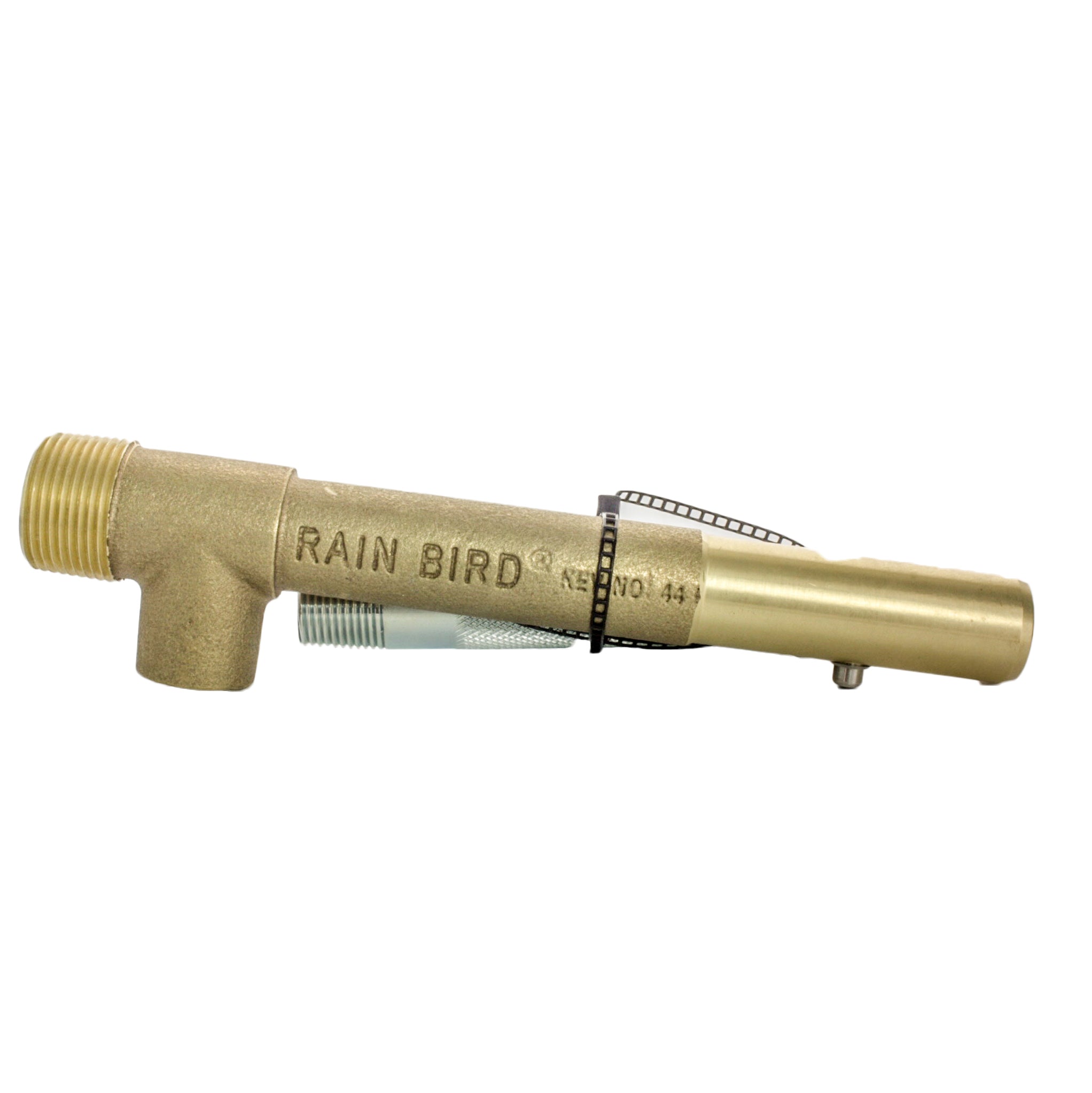 Angled view of Rain Bird 44K valve key displaying 1-inch male pipe threads and 3/4-inch female receptacle for hose fittings.